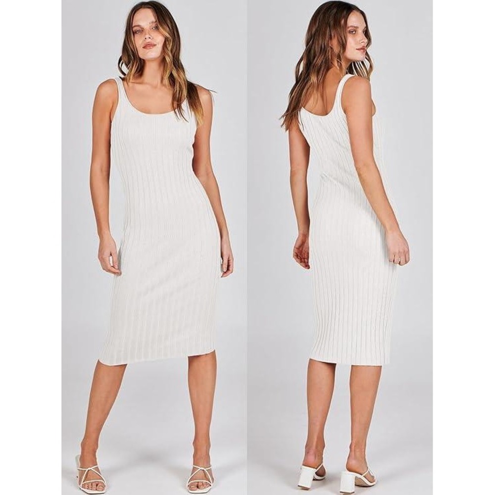 ANRABESS‎ Women Off White Ribbed Knit Scoop Neck Sleeveless Midi Bodycon Dress S